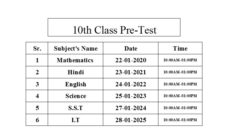 Pre-Test time table 